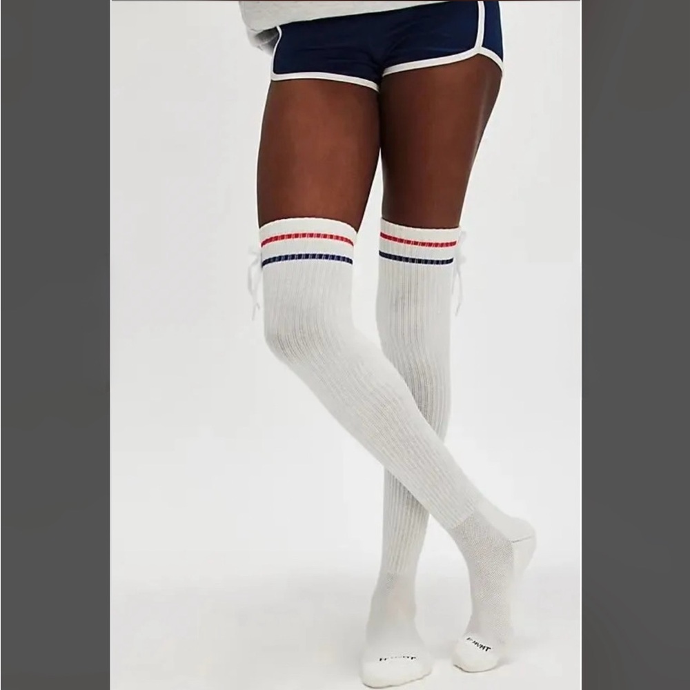 Free People Kick Off Solid Layer knee high socks white red blue bow retro new - Picture 2 of 8